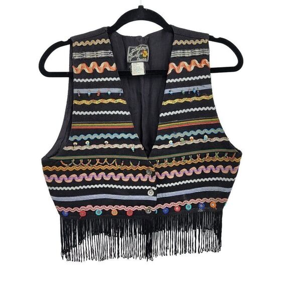 Vtg 80's Womens Vest Cropped Multimedia Beaded Fringed Art To Wear Boho Blk Sz M - Picture 1 of 6